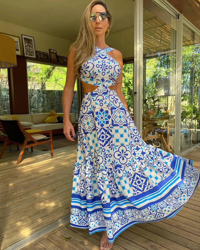 New Bohemian Sexy Printed Women Dresses Halter Sleeveless Backless Naked Waist Long Dress Fashion Summer Beach Holiday Robe