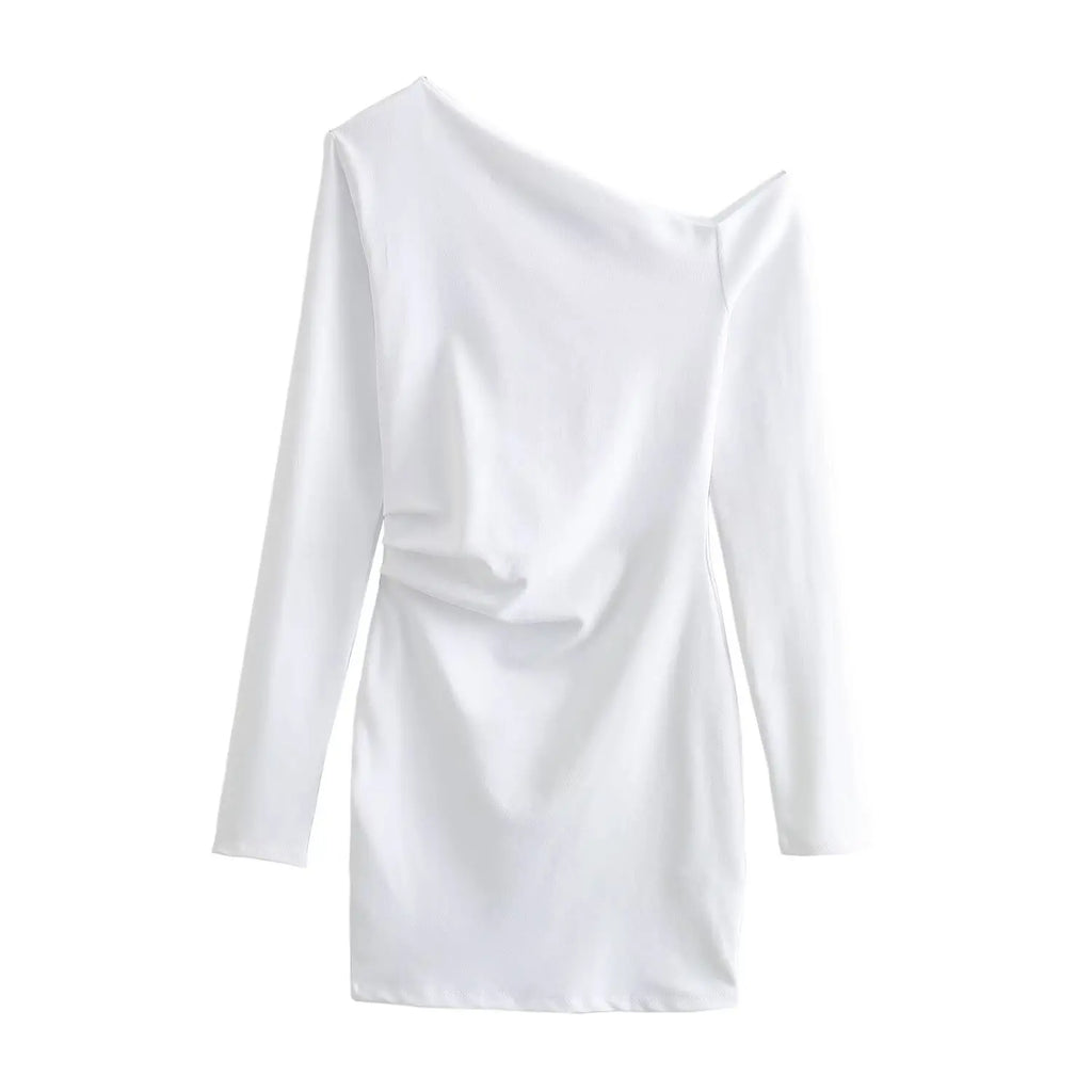 TRAF Women Fashion Spring New Long-sleeved Fold White Asymmetric Dress French Chic Female Sexi Mini Evening Clothing