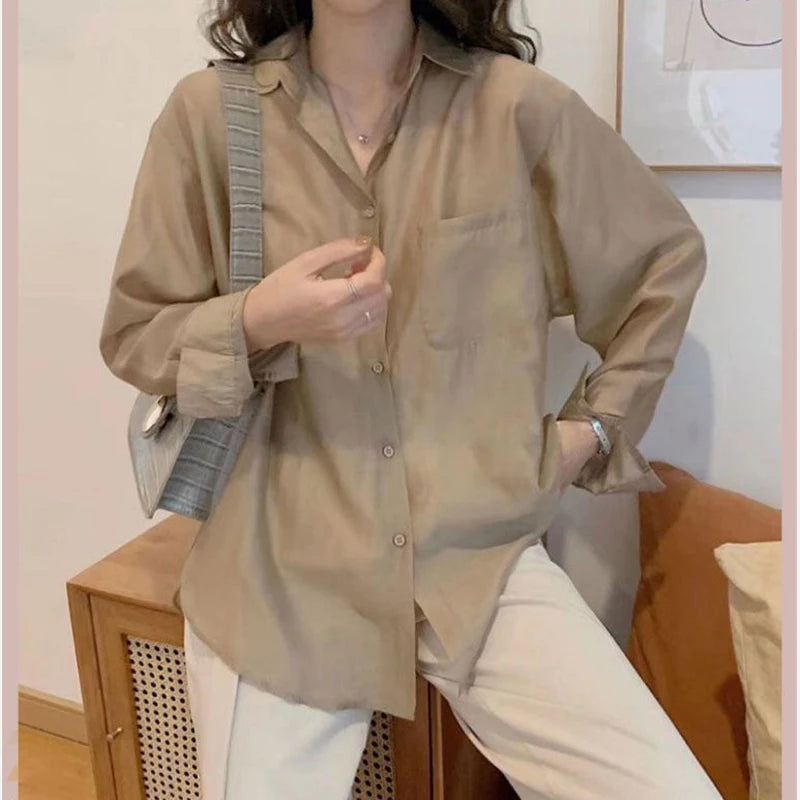 White Shirt Women Fashion Simple Preppy Style Summer Thin Top Casual All Match Korean Loose Long Sleeve Sunscreen Blouse New