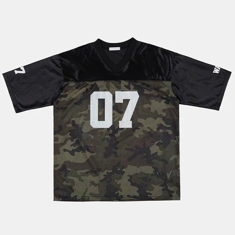 Vintage Camouflage Short Sleeve Jersey Women Loose Hip Hop V-Neck T-Shirts 2024 Summer High Street American Half Sleeve Tide Top