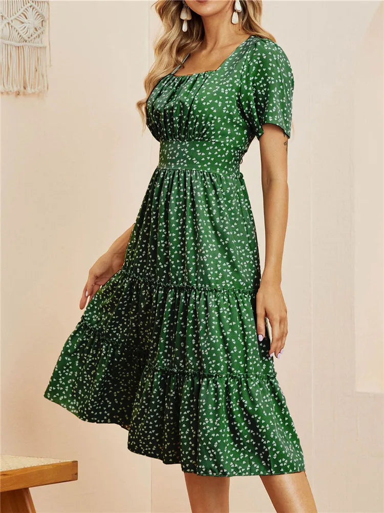 Fashion Square Collar Bubble Sleeve Floral Dress Women Medium Long Spring Summer Dress