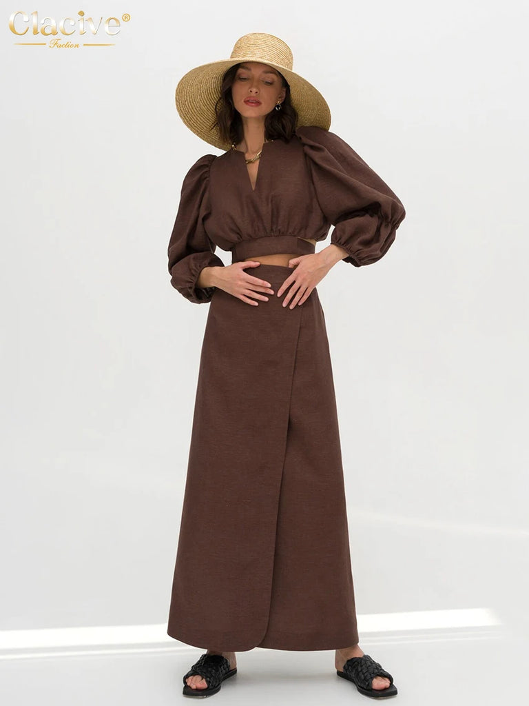 Clacive Fashion Loose Brown Linen 2 Piece Set Women Outfit Summer Long Sleeve Crop Shirt With High Waist Long Skirts Set Female