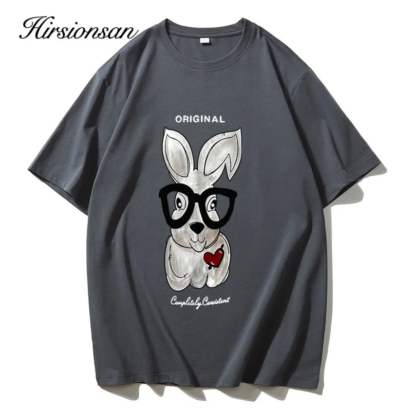 Hirsionsan 2024 Cool rabbit Printed T Shirt Women Summer Loose Casual Soft Female Clothing Vintage O Neck Cotton Lady Tops Y2k