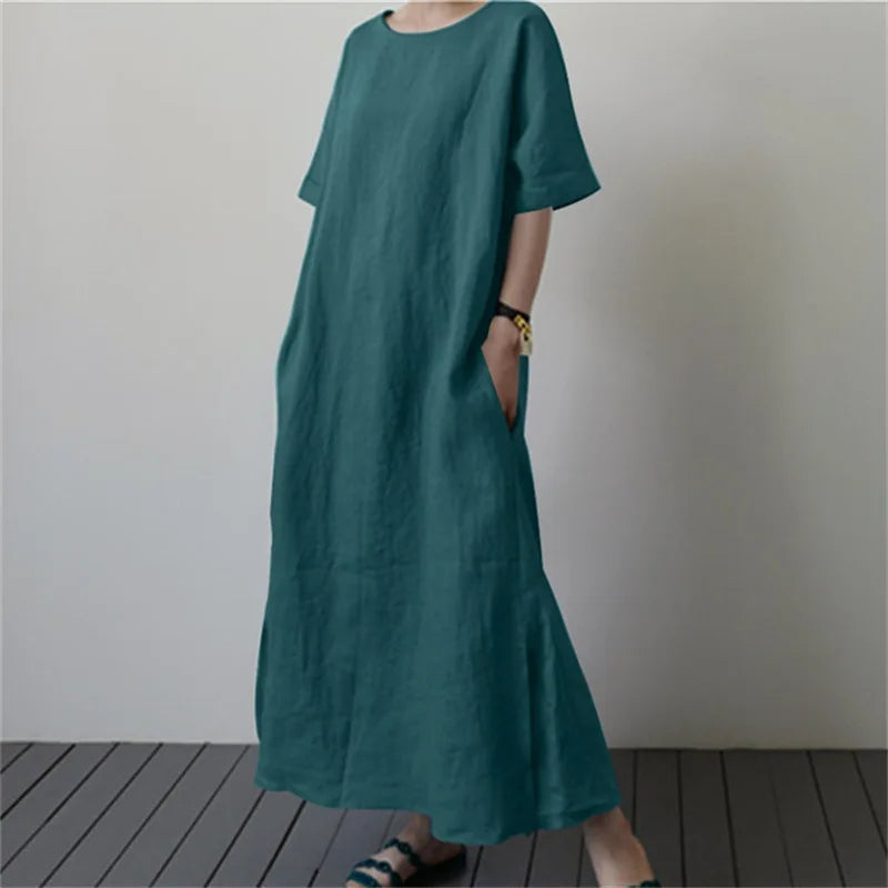 2024 Summer Fashion New Women's Cotton and Hemp Loose Solid Short Sleeved Tie Waist Belt Split Casual Elegant Dress