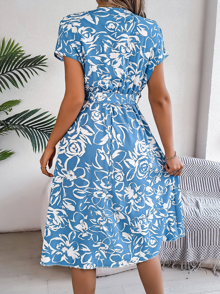 Spring Summer Casual Dresses for Women Button V-Neck Flower Printed Short Sleeve A-line Dress