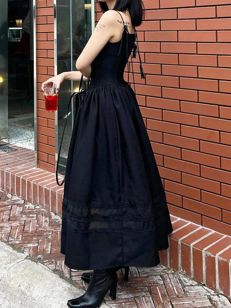 Black Lace Pleated Dress Trim A-Line Spaghetti Strap Backless Vintage Punk Long Dress Women Night Prom Korean Gothic Sundress