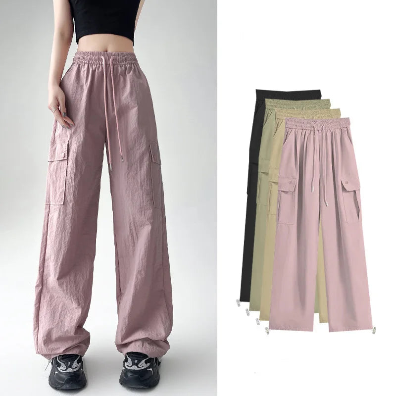 Women Solid Color Fashion Temperament Straight  Cargo Pants Casual Big pocket Wide leg Long Pants Sports outside trousers