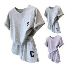 Load image into Gallery viewer, 2Pcs Summer Women Tracksuit Soft Drawstring Elastic Waist Sport Clothes O Neck Letter Print T-shirt Lady Exercise Top Shorts Set