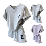 2Pcs Summer Women Tracksuit Soft Drawstring Elastic Waist Sport Clothes O Neck Letter Print T-shirt Lady Exercise Top Shorts Set