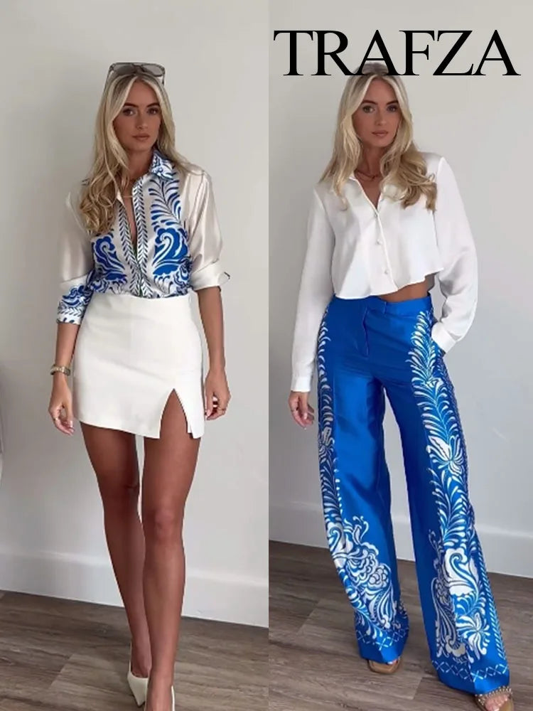 TRAFZA Women Suits Print Turn-Down Collar Long Sleeves Single Breasted Casual Shirts+High Waist Pockets Zipper Wide Leg Pants