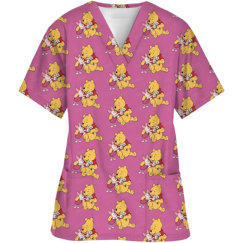 Summer  Disney Winnie the Pooh Medical Nurse Uniform Jogger Hospital Uniforms Scrubs New Spa Uniforms Women V-neck Fashion Top