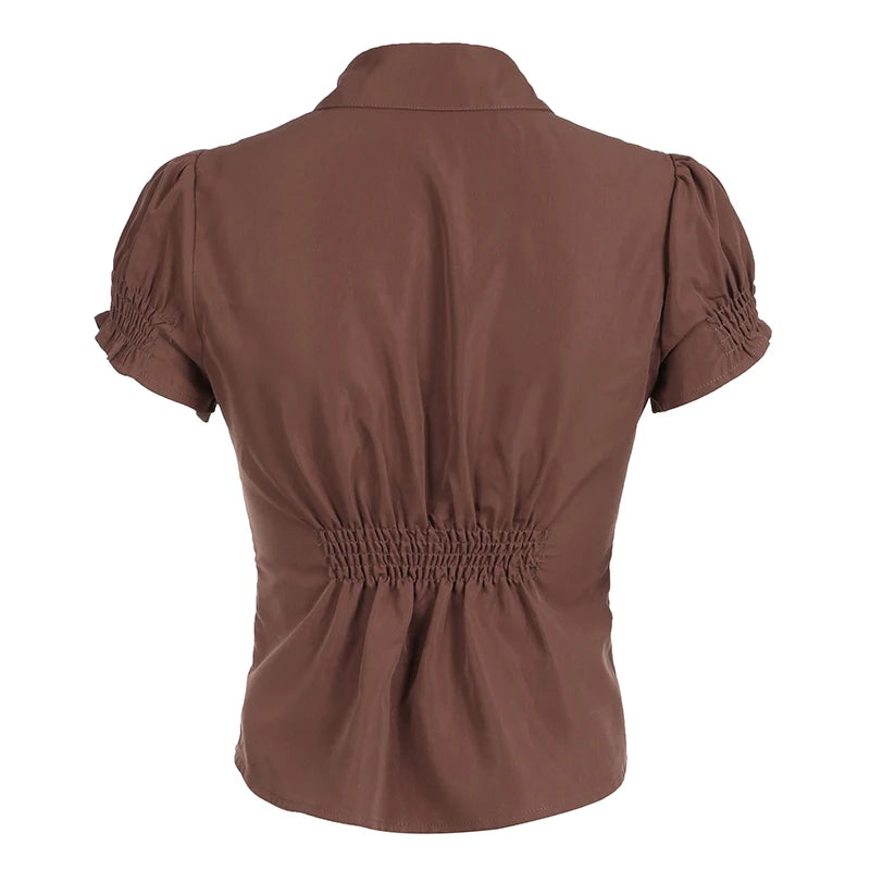 IAMHOTTY Fairycore Pleated Hem Shirt Brown Slim-fitting Turn-down Collar Blouses Button-up Short Sleeve Tops Streetwear Chic Y2K