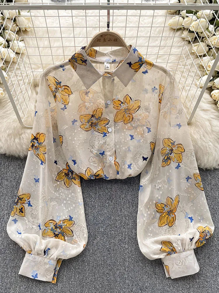 Spring Autumn Temperament Fashion Retro Chiffon Floral Blouses Print Loose Lapel Puff Sleeve Top Button Up Shirt Female GD611