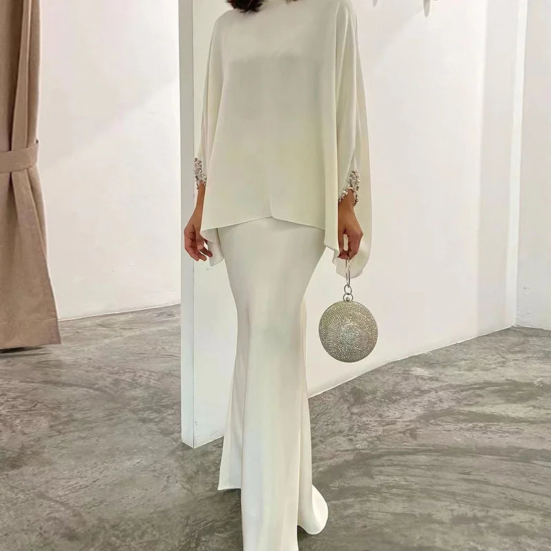 High Fashion Commuting Satin Set Elegant Batwing Sleeve Tops Blouse & Slim Long Skirt Outfits Women Casual Loose Two Piece Suits