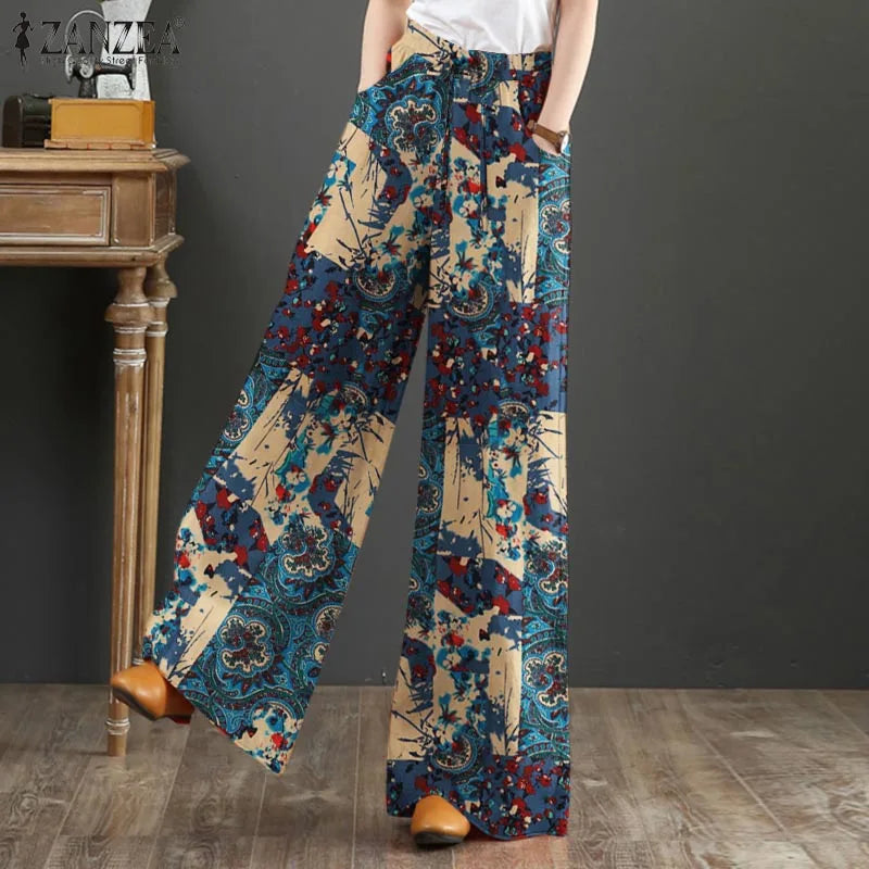 Bohemian Vintage Long Pants ZANZEA Women Wide Leg Trousers Summer High Waist Printed Pantalon Female Elegant Work Palazzo Capris