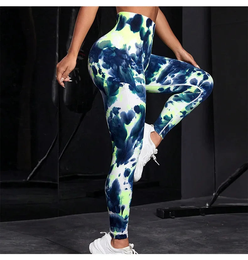 Seamless Knit Leegings Female Tie Dye Fitness Pants High Waist Hip Liftting Tights Outdoor Running Elastic Slim Yoga Leggings