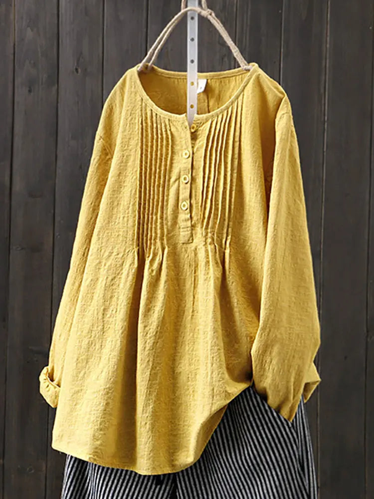 2024 Korean Style Temperament Blouse for Women Fashion O-neck Pleated Long-sleeved Casual Shirts Females Loose Cotton Linen Tops