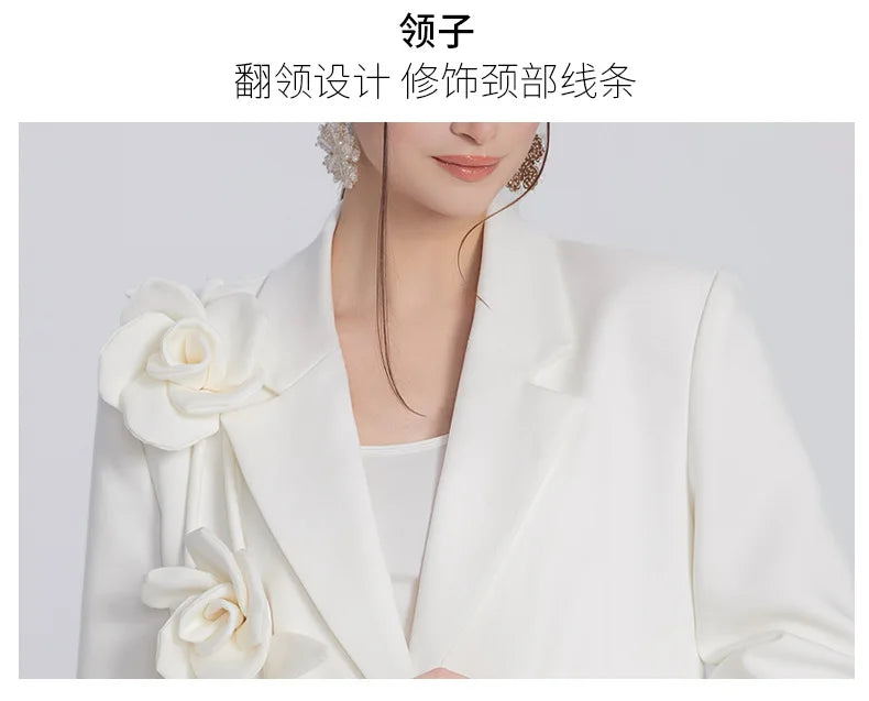 SHENGPALAE Three-d Flower Spliced Blazers For Women Niche Design Solid Color Versatile Suit Jacket Spring 2024 New Trendy 5R8937