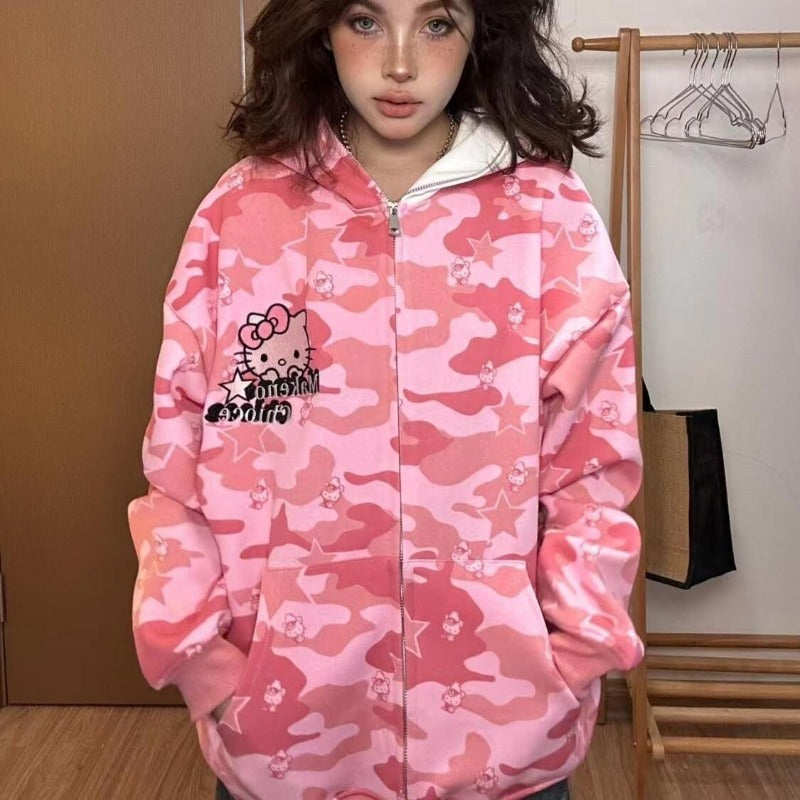 Streetwear Women Original Sanrio Hello Kitty Zip Hoodie Girl Loose Campus Couple Cardigan Coat Y2k Clothes Oversized Sweatshirt