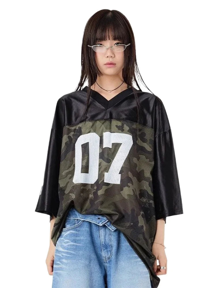 Vintage Camouflage Short Sleeve Jersey Women Loose Hip Hop V-Neck T-Shirts 2024 Summer High Street American Half Sleeve Tide Top