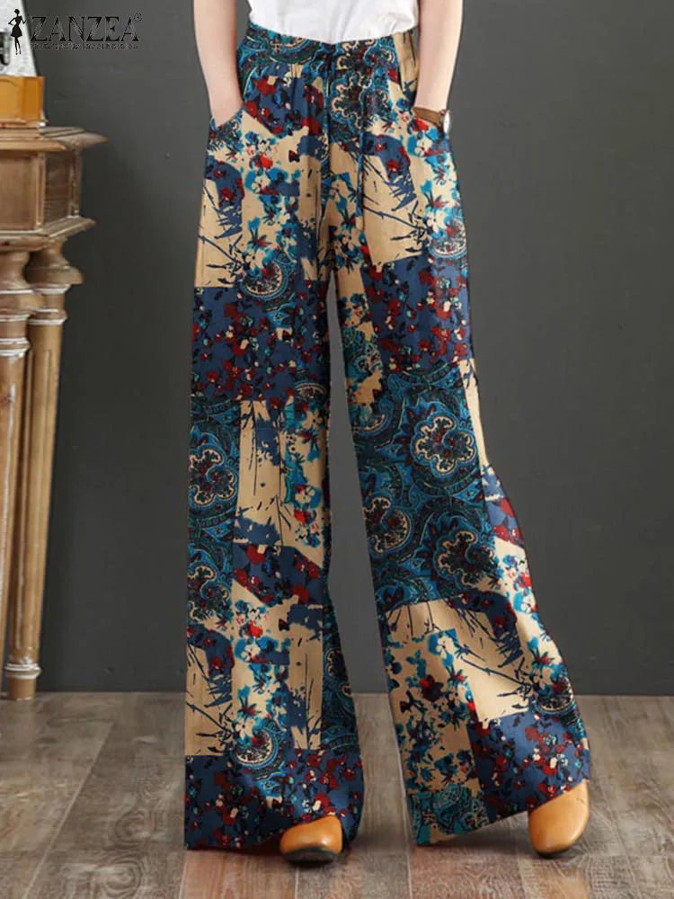 Bohemian Vintage Long Pants ZANZEA Women Wide Leg Trousers Summer High Waist Printed Pantalon Female Elegant Work Palazzo Capris