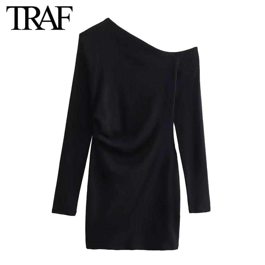 TRAF Women Fashion Spring New Long-sleeved Fold White Asymmetric Dress French Chic Female Sexi Mini Evening Clothing