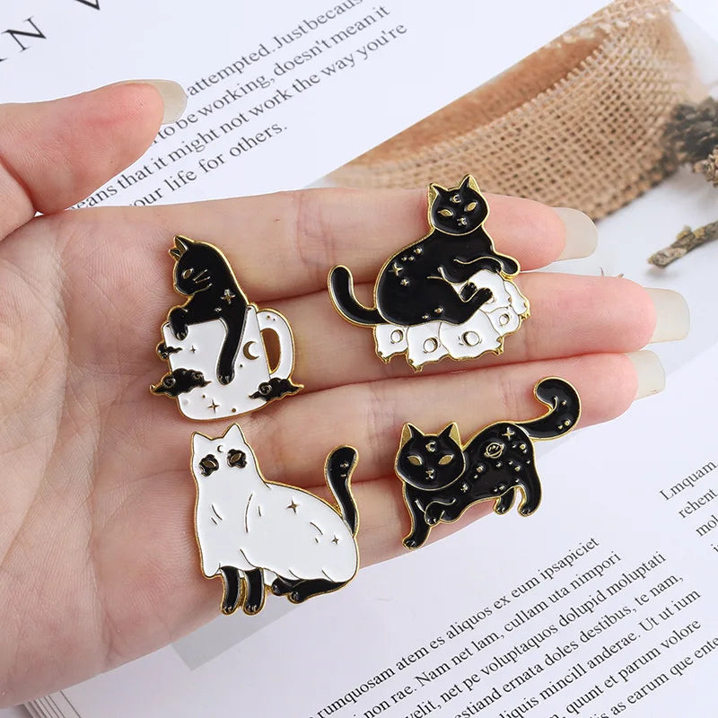 Cat Brooch Skull Cat Brooch Halloween Wizard Hat Couple Cat Sun Moon Cat Brooch Black White Cat Alloy Enamel Badge Lapel Pins