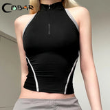 CIBBAR Sexy Backless Hollow Out Crop Top Zip Up Turtleneck Sleeveless Patchwork Tank Tops Women Korean Fashion Hip Hop Vest Chic