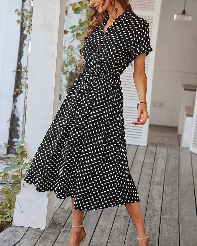 Ladies Polka Dot Print Shirt Dress Women Casual Midi Holiday Summer Dress Female Loose Women Beach Dress Sundress Robe Vestidos