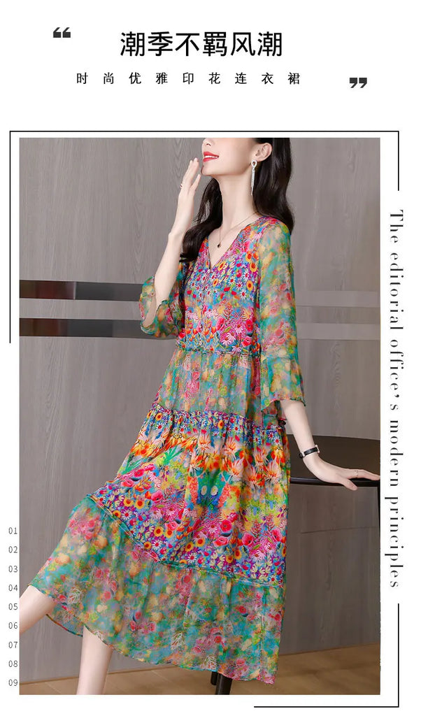 Summer Dress 2023 Woman Silk Floral Dress Elegant Long Beach Vintage Dresses for Women