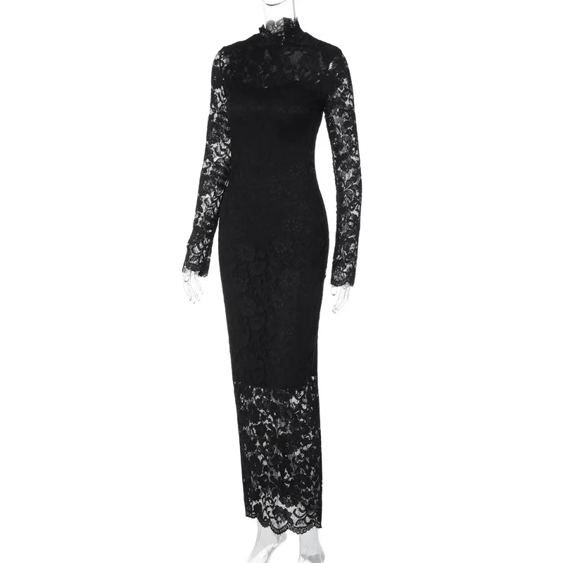 Lygens Lace Spliced Long Sleeve Solid Slim Elegant Evening Night Dress Party Summer Casual Y2K Streetwear Dropshipping Clothing