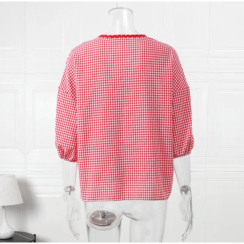 Elegant Plaid Bow Lace Print Women Shirt Fashion Casual Long Lantern Sleeve V Neck Tops 2024 Spring Summer Female Love Outwear