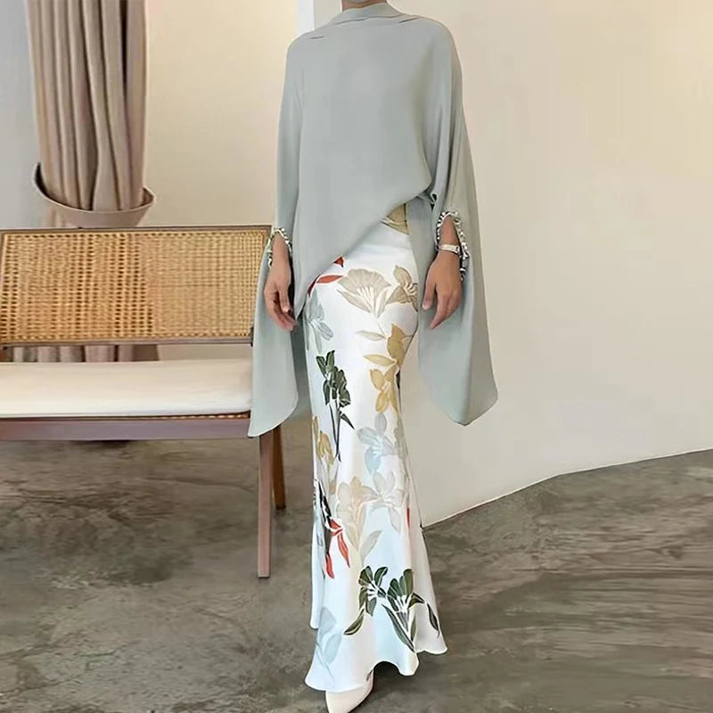 High Fashion Commuting Satin Set Elegant Batwing Sleeve Tops Blouse & Slim Long Skirt Outfits Women Casual Loose Two Piece Suits