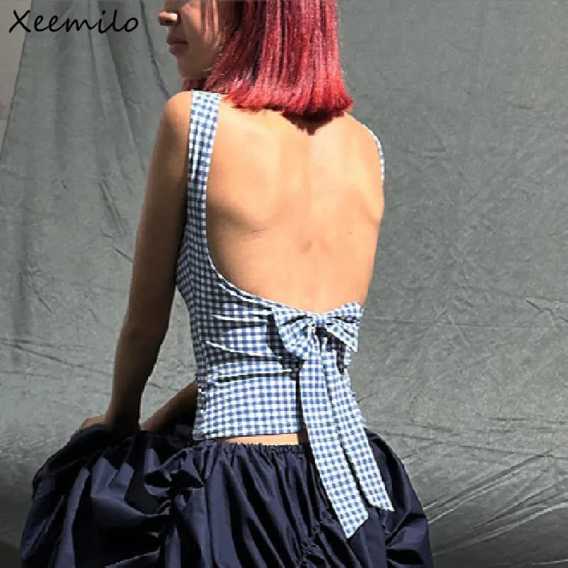 Xeemilo Korean Fashion Bow Backless Tank Top 2023 Casual Streetwear Plaid Print Sleeveless Crop Tops Summer Slim Fashion Corsets