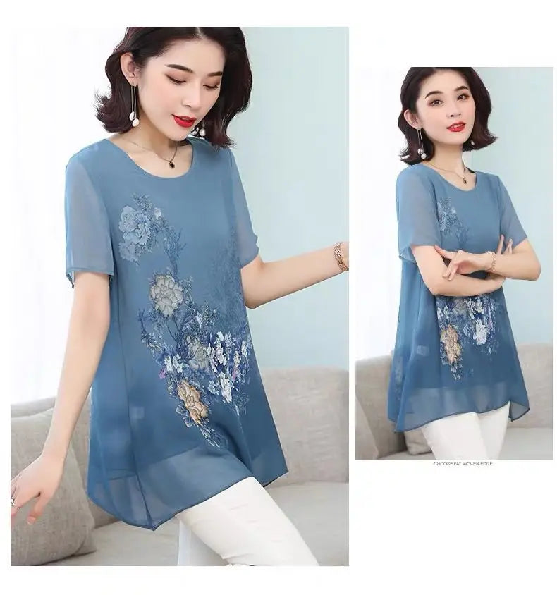 Summer Floral Printed Chiffon Shirt Short Sleeve Female Clothing Loose Stylish Asymmetrical Commute O-Neck Spliced Midi Blouse