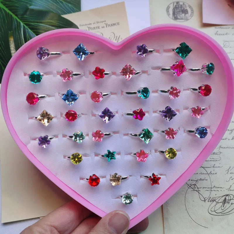 12/36PCS/set Adjustable Kids Crystal Rings Jewelry Heart Star Square Open Finger Ring For Children Girl Party Gift