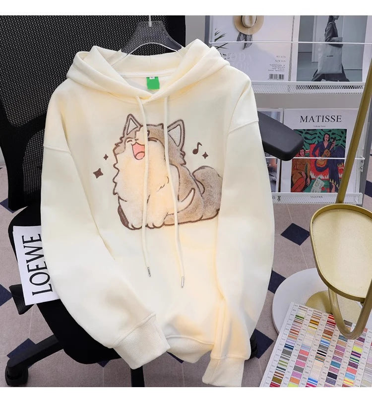 2023 Korean Autumn Winter Cute Cartoon Street Embroidery Design Cat Print Pullover Hoodies Women Men Trend Loose Couples Clothes