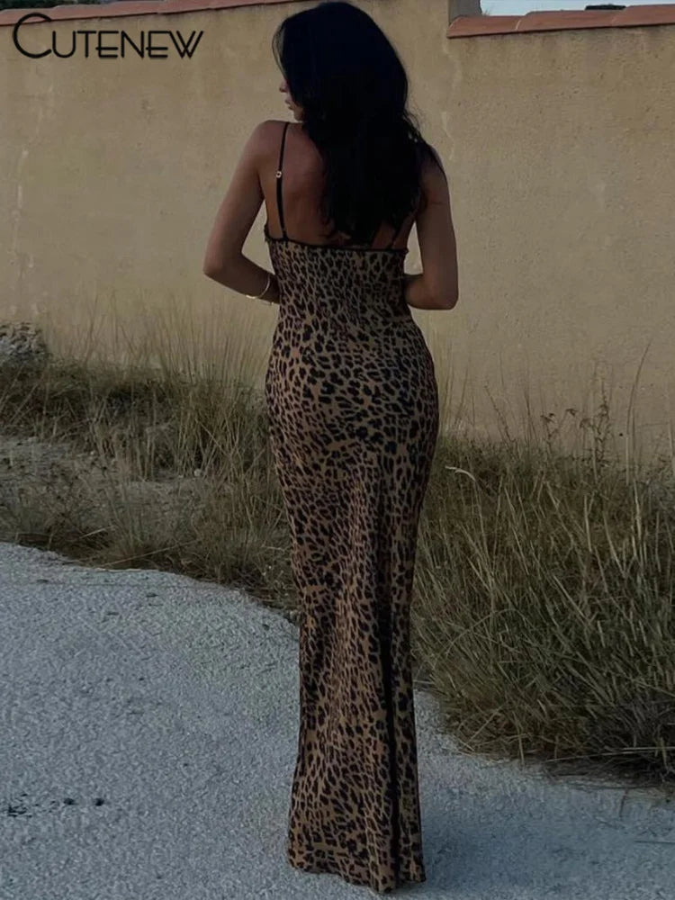 Cutenew Women's Leopard Printed Maxi Dress Elegant Spaghetti Strap Backless Lace-up Robe Skinny Retro Dresses Vestidos New 2023