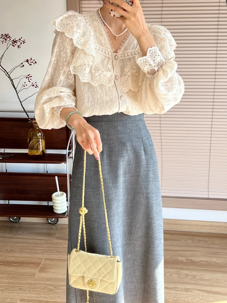 Vintage French Women Shirts Lace Lolita Elegant Long Sleeve Flounce Blouse High Quality Office Lady New Fashion Chic Female Tops