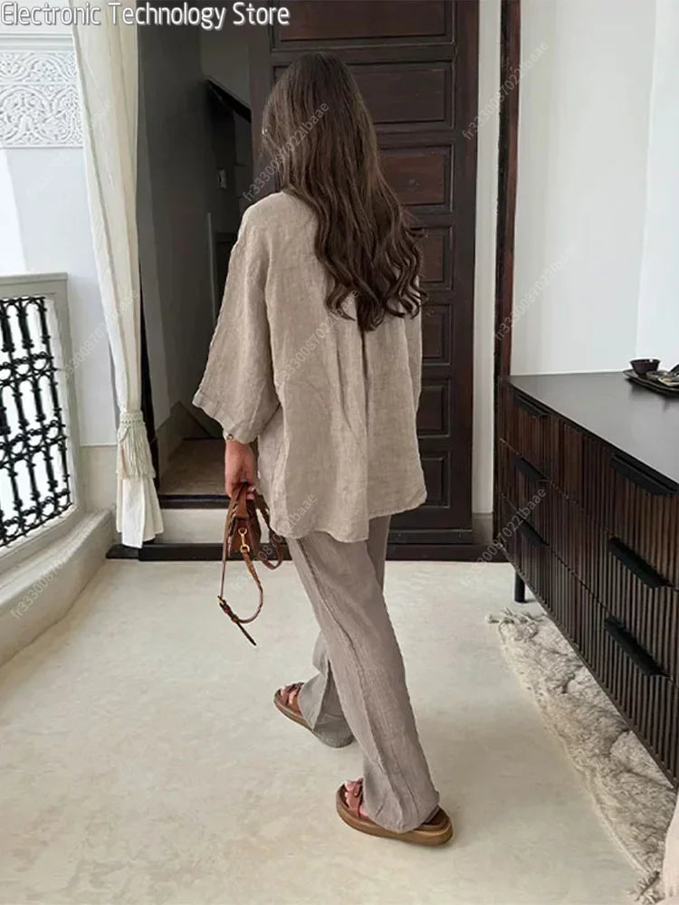 Women Vintage Solid Loose Pants Suit Lapel Single Breasted Long Sleeve Shirt Wide Leg Pants 2 Pcs Set 2024 New Ladies Streetwear