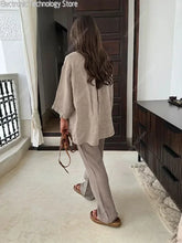 Load image into Gallery viewer, Women Vintage Solid Loose Pants Suit Lapel Single Breasted Long Sleeve Shirt Wide Leg Pants 2 Pcs Set 2024 New Ladies Streetwear