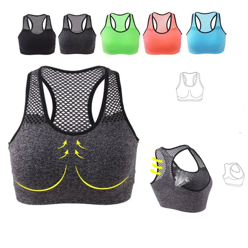 Mesh Sports Bra Hollow Out Sport Top Seamless Fitness Yoga Bras Women Gym Top Padded Running Vest Shockproof Push Up Crop Top