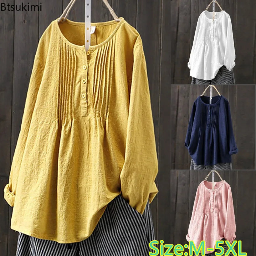 2024 Korean Style Temperament Blouse for Women Fashion O-neck Pleated Long-sleeved Casual Shirts Females Loose Cotton Linen Tops