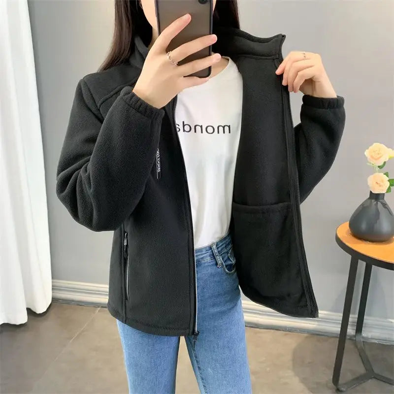 Winter Women Sweatshirt Coat Casual Loose Zip Up Cardigan Long Sleeve Sweatershirt Reversible Polar Fleece Stand Collar Coat