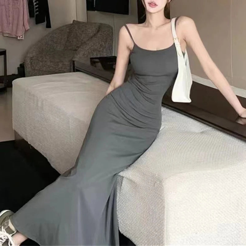 Spaghetti Strap Dresses Women Retro Sexy Slim Simple Daily Streetwear Ulzzang Midi Trendy Pure Vestidos Summer Ladies Sleeveless