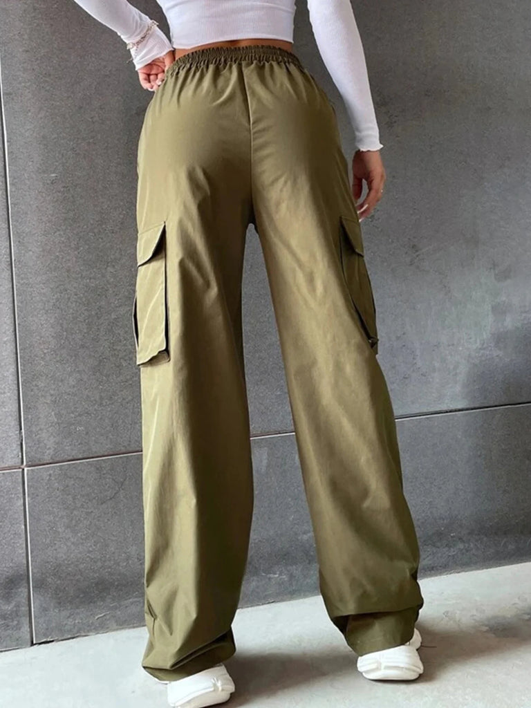 Women's Wide Leg Cargo Pants with Solid Flap Pockets and Loose Fit