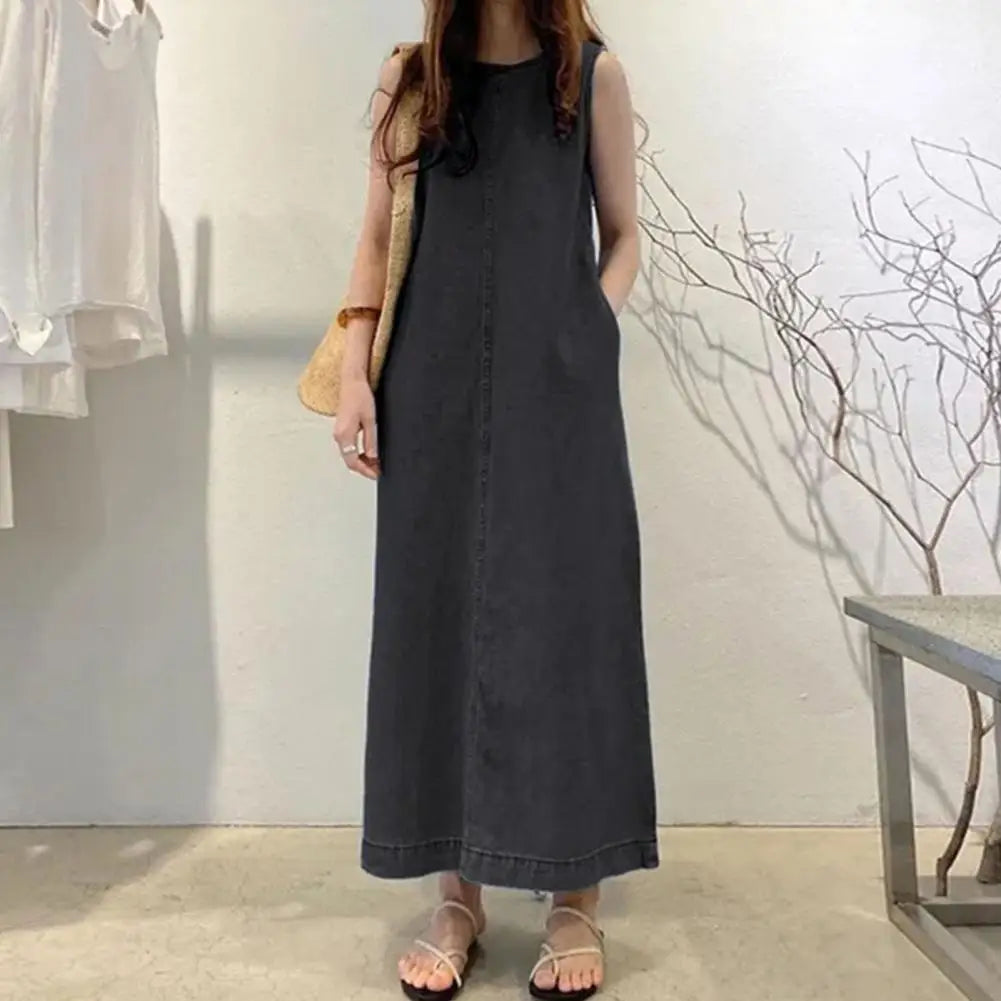 Femme Fashion Casual Loose Long Maxi Sundress Pleated Denim Vestido Sleeveless Robe Women Summer A Line Dress Overszie