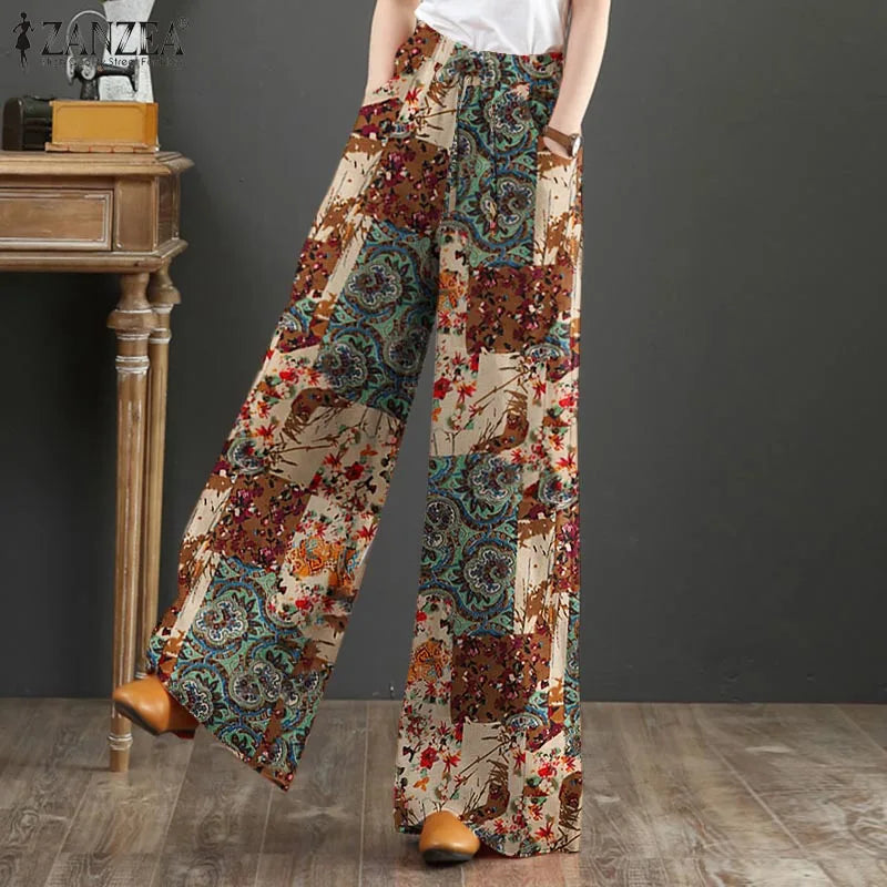 Bohemian Vintage Long Pants ZANZEA Women Wide Leg Trousers Summer High Waist Printed Pantalon Female Elegant Work Palazzo Capris