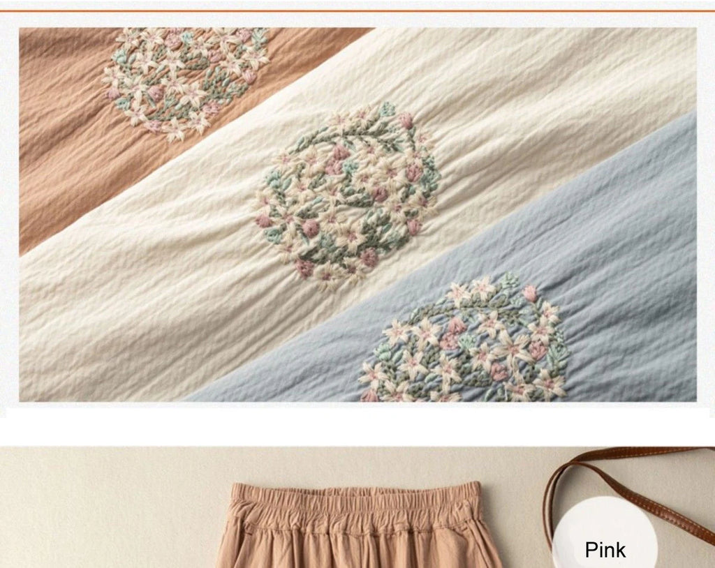 Cotton Flower Embroidery Casual Pants Literary Vintage Loose Slim Lace Wide Leg Trousers Breathable Harem Pants