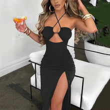 Load image into Gallery viewer, Fashion Sexy Split Dresses Women Summer Black Sleeveless Backless Hollow Out Party Dress Lace-up Halter Slim Elegant Party Dress